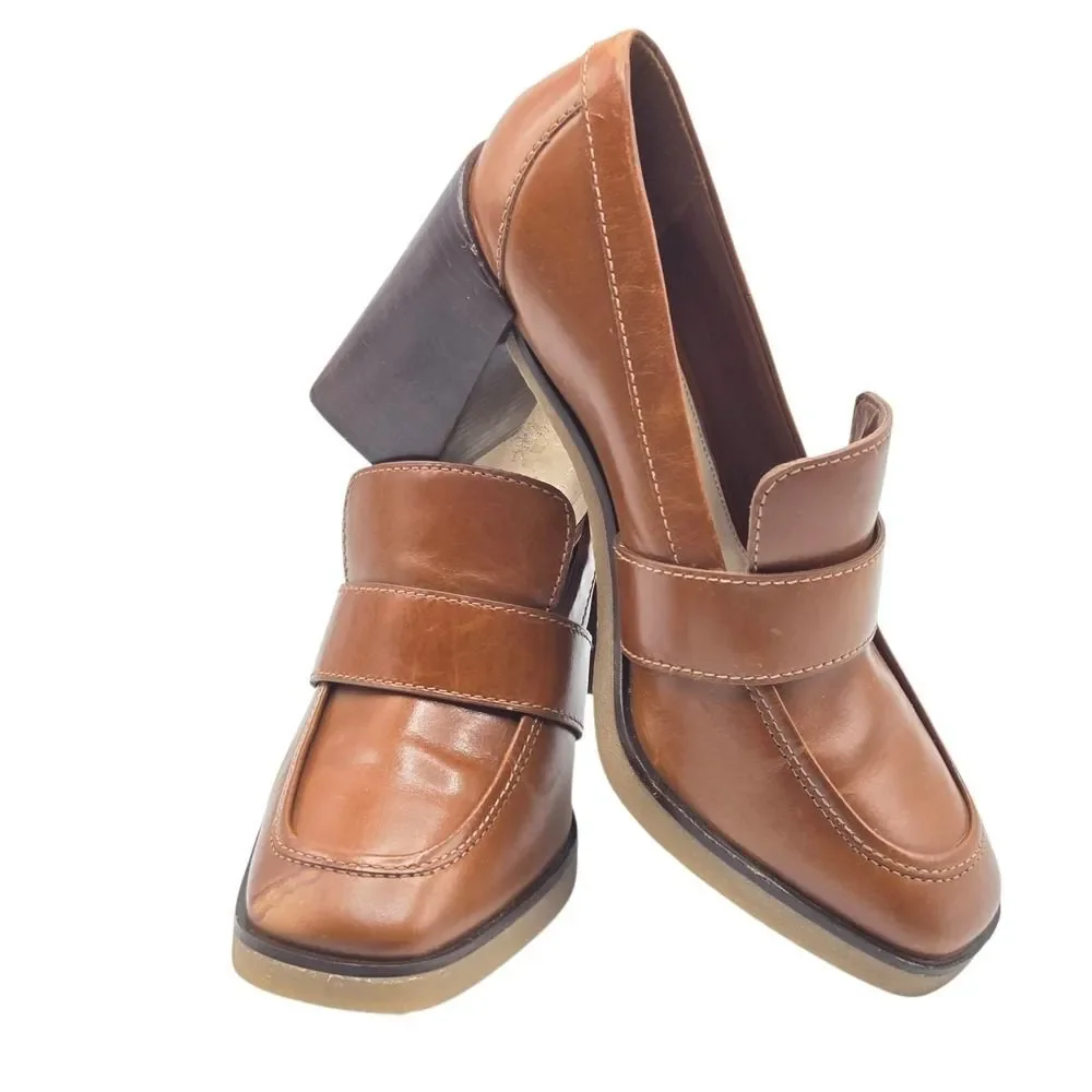 Vince Camuto Women's Cognac Pumps Ezerna Slip On Leather Heeled Loafers Size‎ 8M